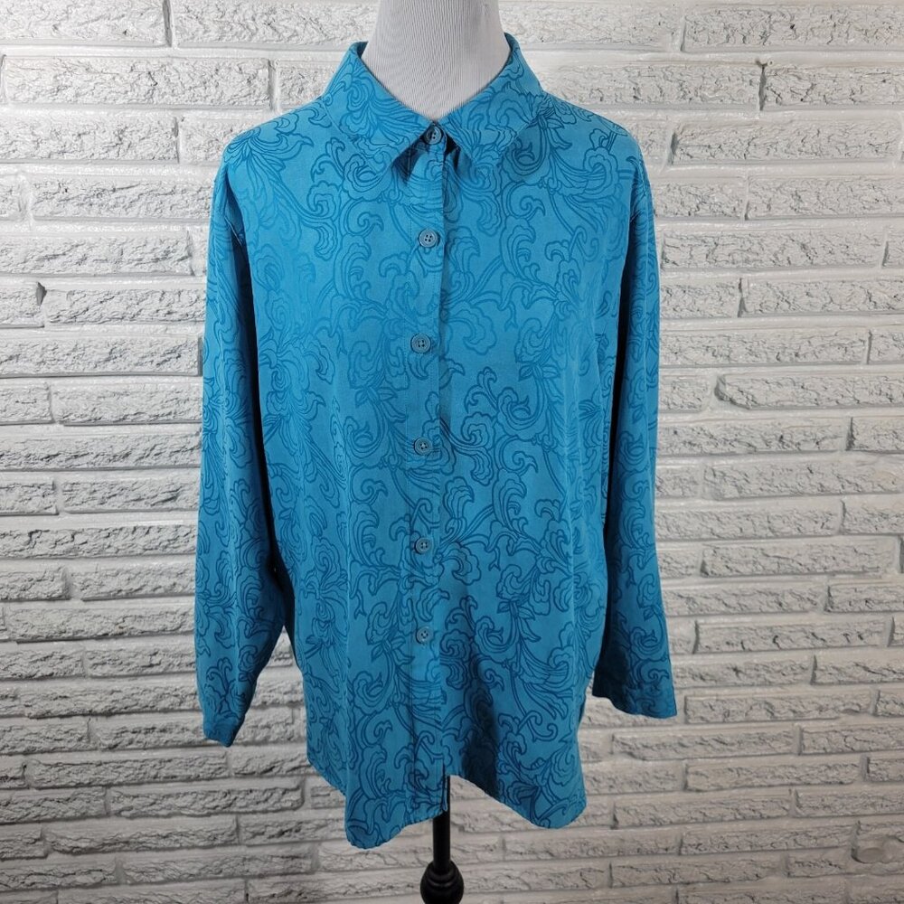 Studio Works Women's XL Blue Geometric Collared Button Up Top GEO208E